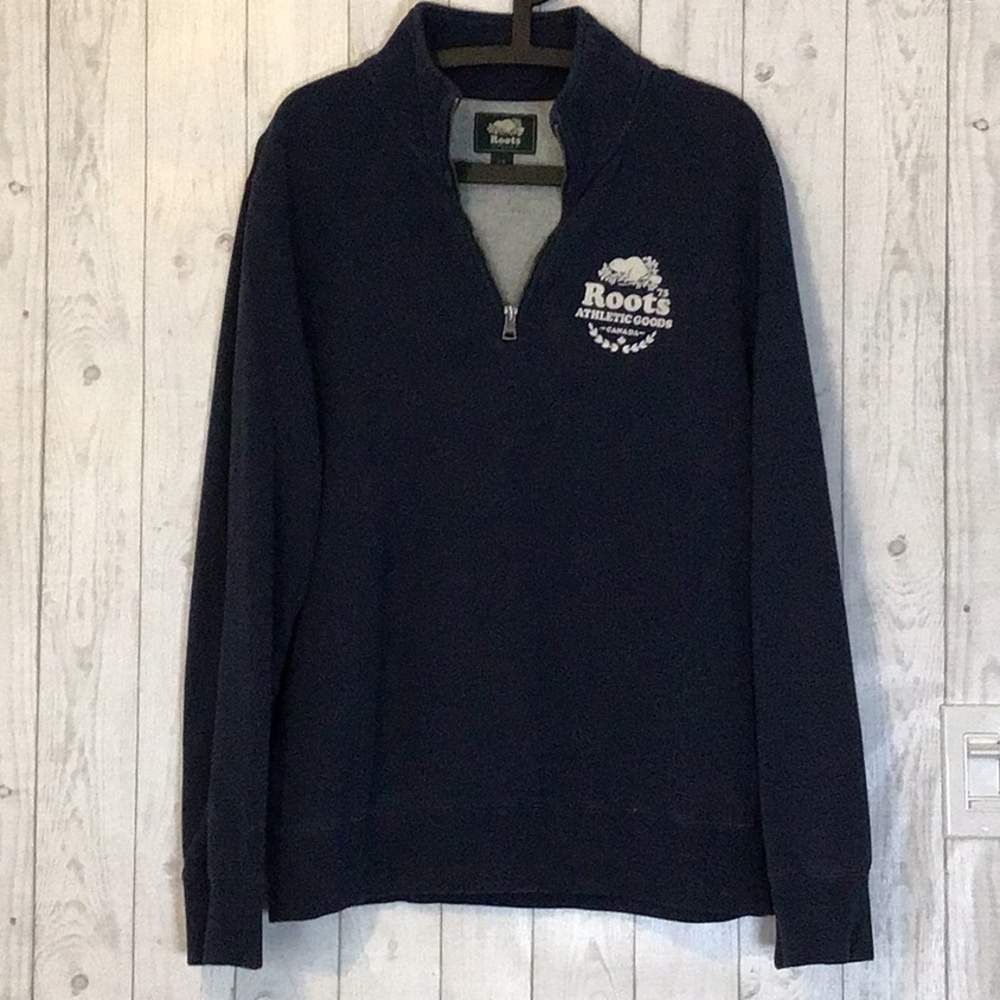 Roots Men's Navy Quarter-Zip Sweatshirt with White Logo